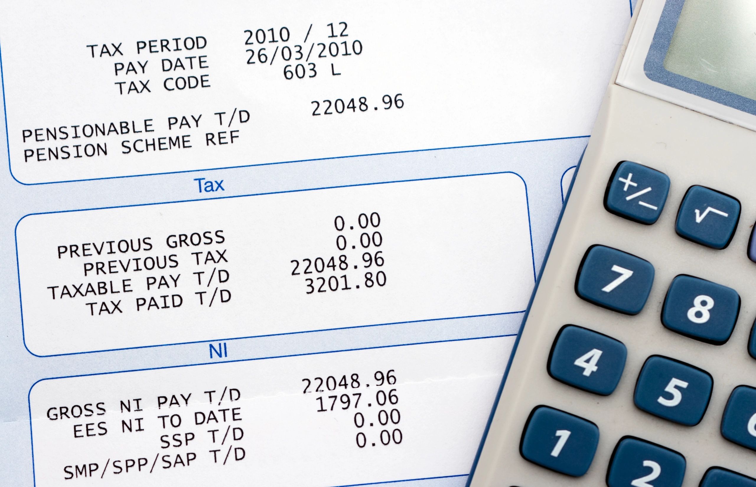 Payslip and calculator on a desk