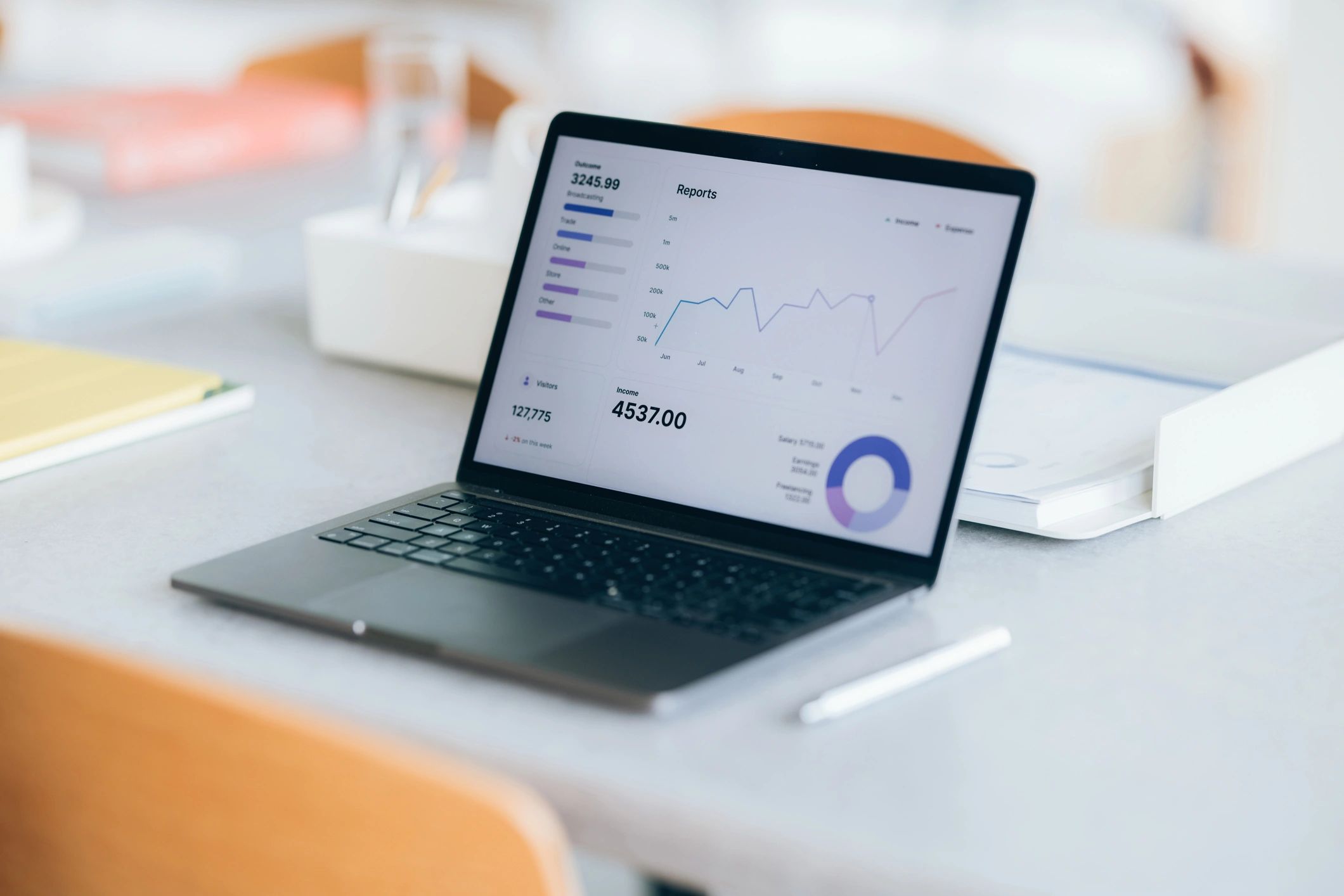 Laptop showing analytical reports on a desk