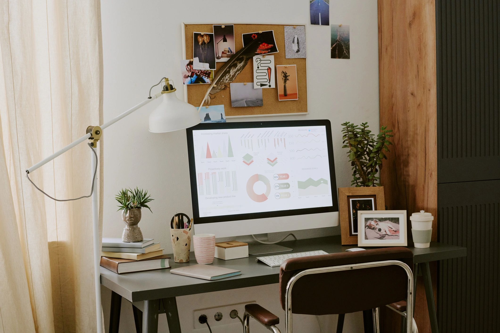 Home office workspace with analytics dashboard and planning notes